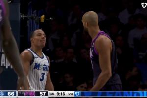 戈贝尔黄油手出界 贝恩推一把还不忘嘲讽：连喊四遍我的天哪~