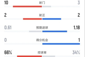 切尔西半场0-1纽卡数据：射门10-3，射正2-2，控球率66%-34%