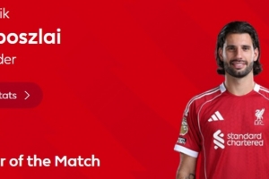 任意球破门，英超官方：索博斯洛伊当选利物浦1-1热刺全场最佳