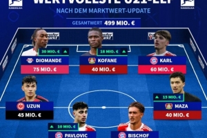 德甲身价最高U21阵容：卡尔、帕夫洛维奇、武什科维奇、乌尊在列