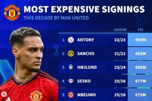 德转列曼联近年引援榜：安东尼、桑乔、霍伊伦前三，B费列第9